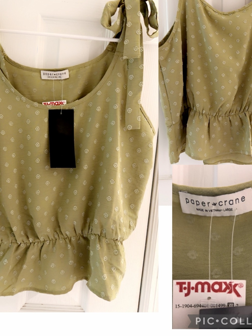 Paper Crane Olive Green Tie-Shoulder Peplum Cami with White Print